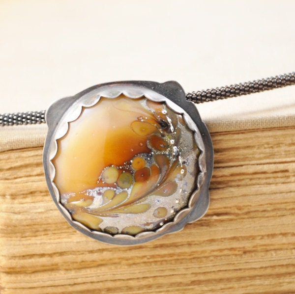 Lampwork Glass Pendant / Feather Pendant / Silver / Scalloped / Valentine Gift / Vintage Modern Style