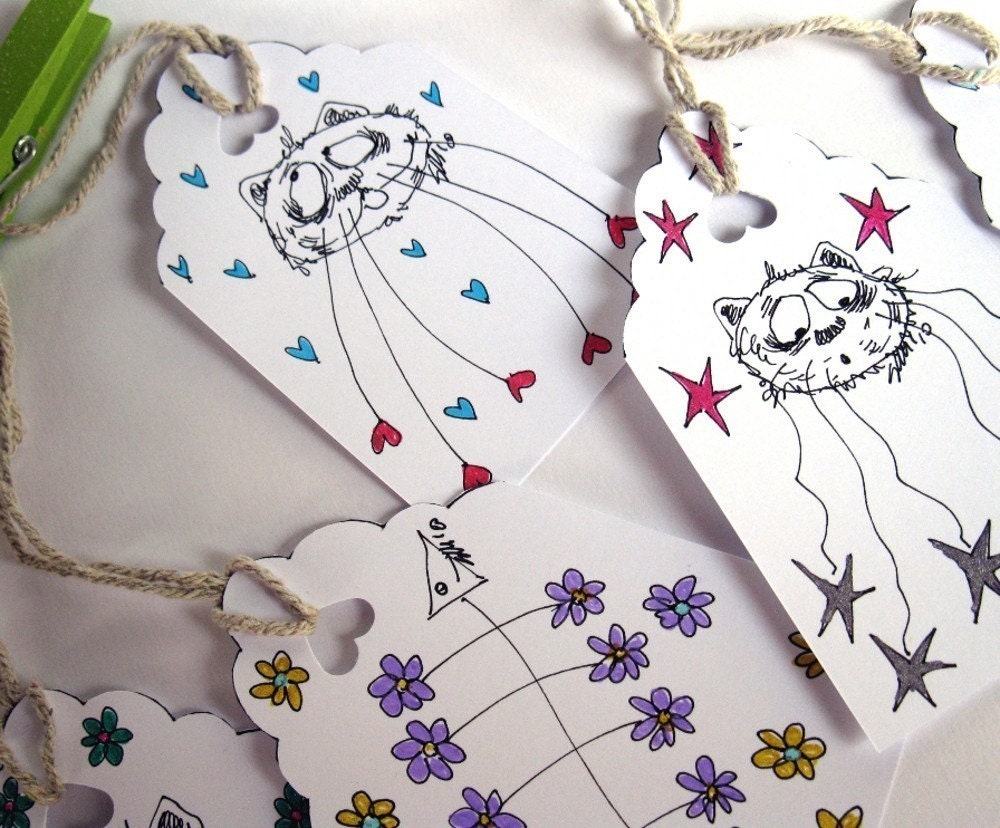 OOAK Handmade Gift HangTags - Cats and Fishbones Mix (set of 5)