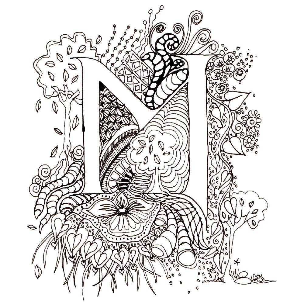 Monogram, Initial, Colour-Me-In Illuminated Letters - M, original art  drawings by melanie j cook