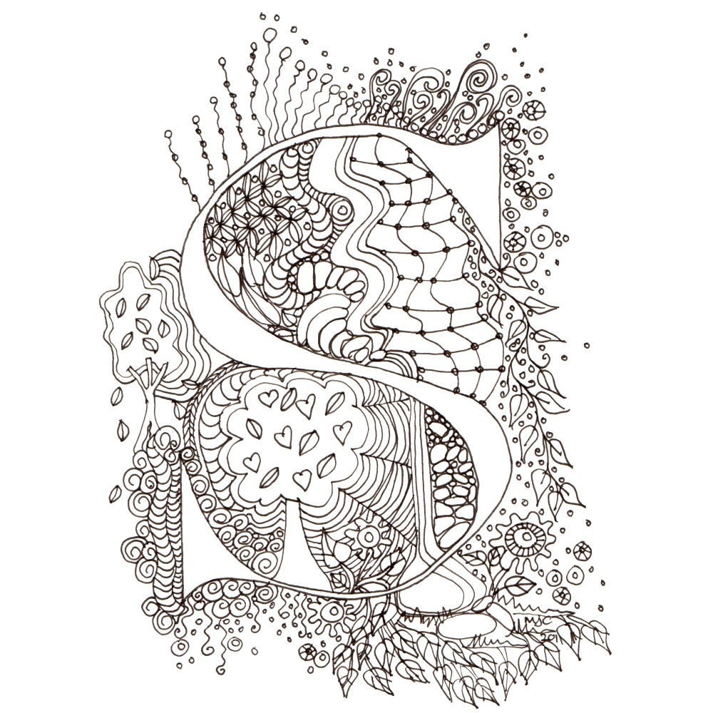 Monogram, Initial, Colour-Me-In Illuminated Letters - S, original art  drawings by melanie j cook