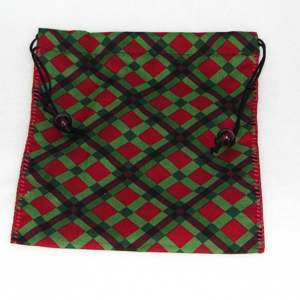 Hand stitched cotton drawstring bag, tarot bag, masculine, plaid, Black Cherries by melanie j cook