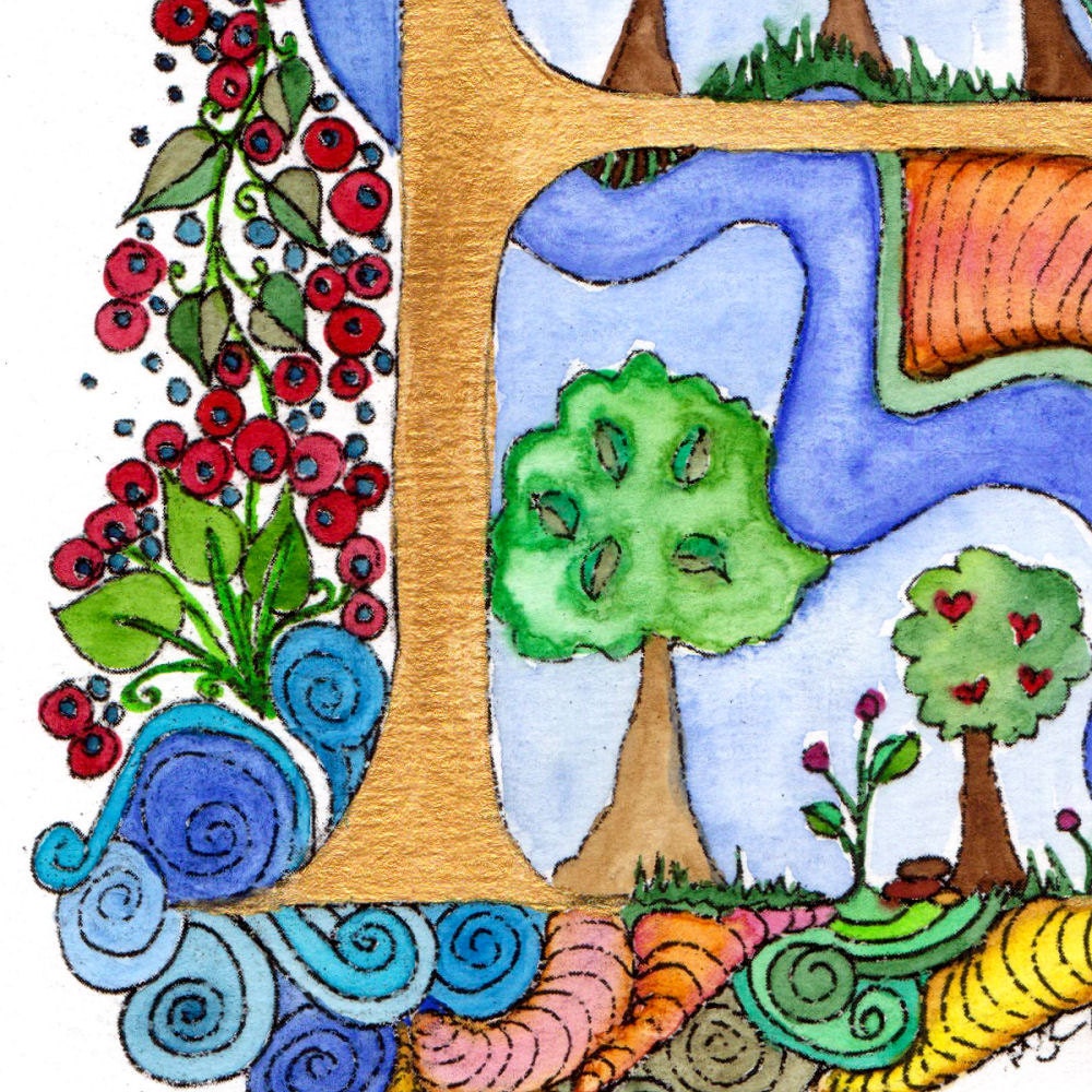 Illuminated Letters - H, original watercolor painting by melanie j cook