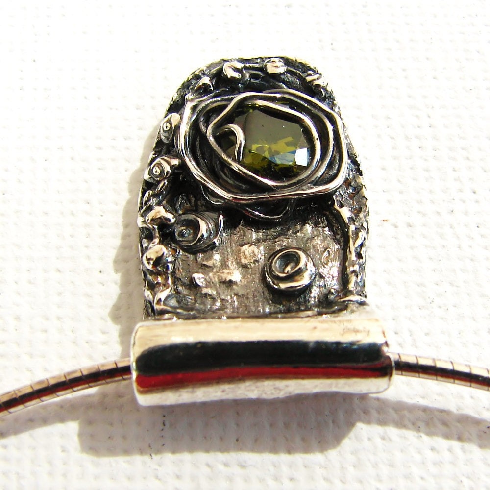 RESERVED FOR LAURAPendant, necklace, fine silver, Peridot colored cubic zirconia, sterling silver Omega chain, Green Organics