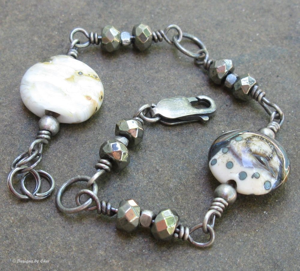 Faceted Pyrite and Lampwork Bracelet, Oxidized Sterling and Fine Silver, Wire Wrapped Fool's Gold