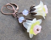 Pastel Lucite Flower Earrings, Antique Copper Leverbacks, Pink Opal Crystals & Glass... Delicate Flower Jewelry