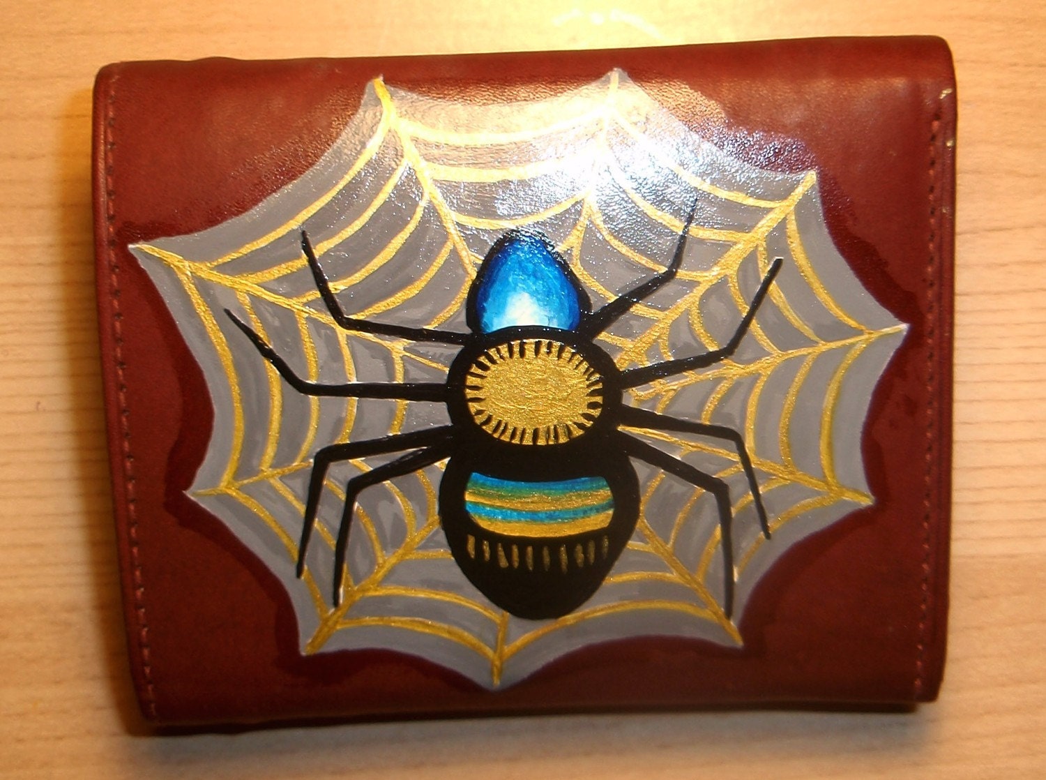 Hand Painted Golden Spider - New Brown Leather Wallet - Purse - 25% Donated