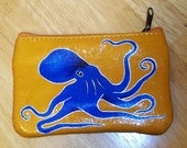 Bright Blue Octopus - New Hand Painted Mustard Yellow Wallet - Change Purse