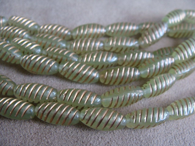 Green and Gold Oval Czech Glass Beads, Full Strand of 25, 14X6mm