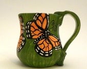 Ceramic Handmade Butterflies Mug Monarchs on Green Made to Order