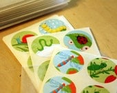 Insects Sticker Set of 54 Round 1-inch stickers - dragonfly caterpillar snail ladybug inchworm grasshopper
