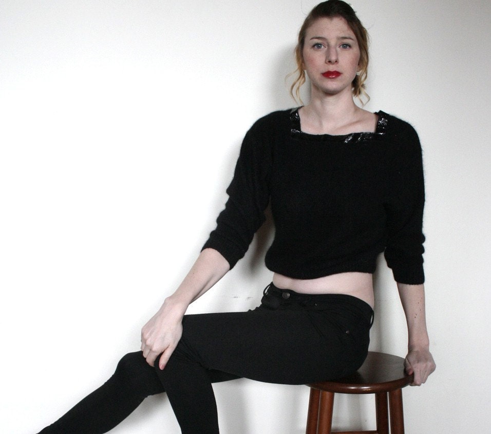 Vintage 1980s Black Sexy Snakeskin and Angora Cut Outs Sweater