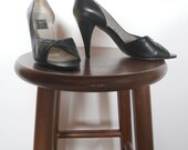 Vintage 1970s Black Peep Toe Pumps Heels Shoes