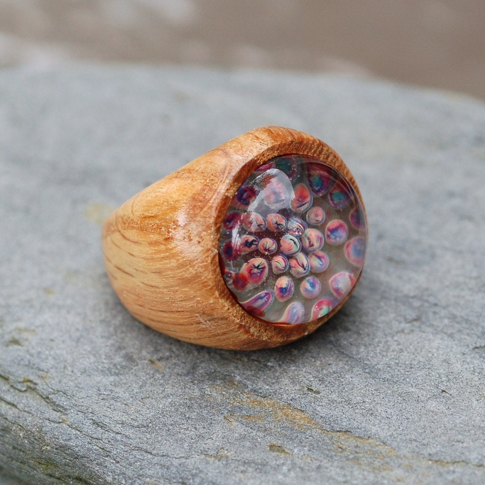 Wood Ring Glass Cab Boro Borosilicate Lampwork Wooden Jewelry Dream Weaver Size 8.5