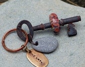 Skeleton Key Boro Glass Beaded Keychain Handstamped Tag, Drilled Sea Stone, My Hero
