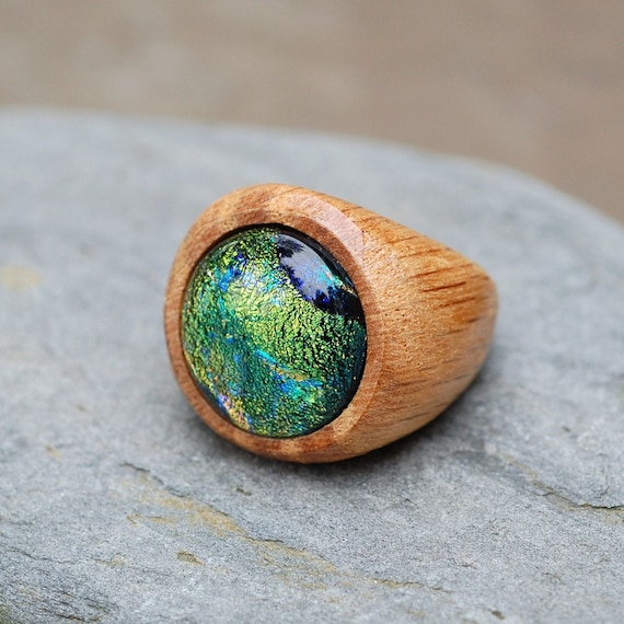 Wood Ring Glass Cab Fused Dichro Wooden Jewelry Green The Secret and the Stone Size 9