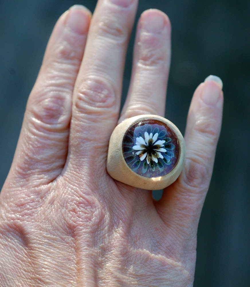 Wood Ring Glass Cab Boro Borosilicate Lampwork Wooden Jewelry Eye of Horus Size 6