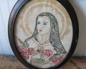Vintage St. Theresa of Avilay Lisieux Embroidered Embrodery Framed Cloth