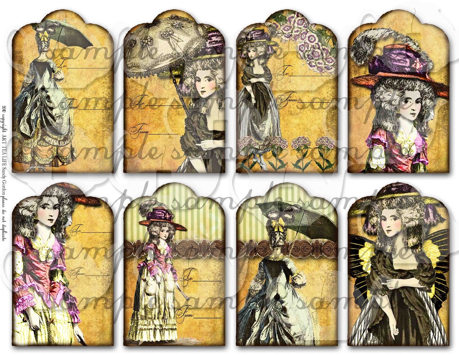 ART TEA LIFE Marie Gift Tags for Bags Larger Collage Sheet Digital File Scrapbook Gift Wrap Invitations Party Supply Favors paper goods clip art ATC ACEO card making journal page antoinette butterfly parasol fashion umbrella baroque