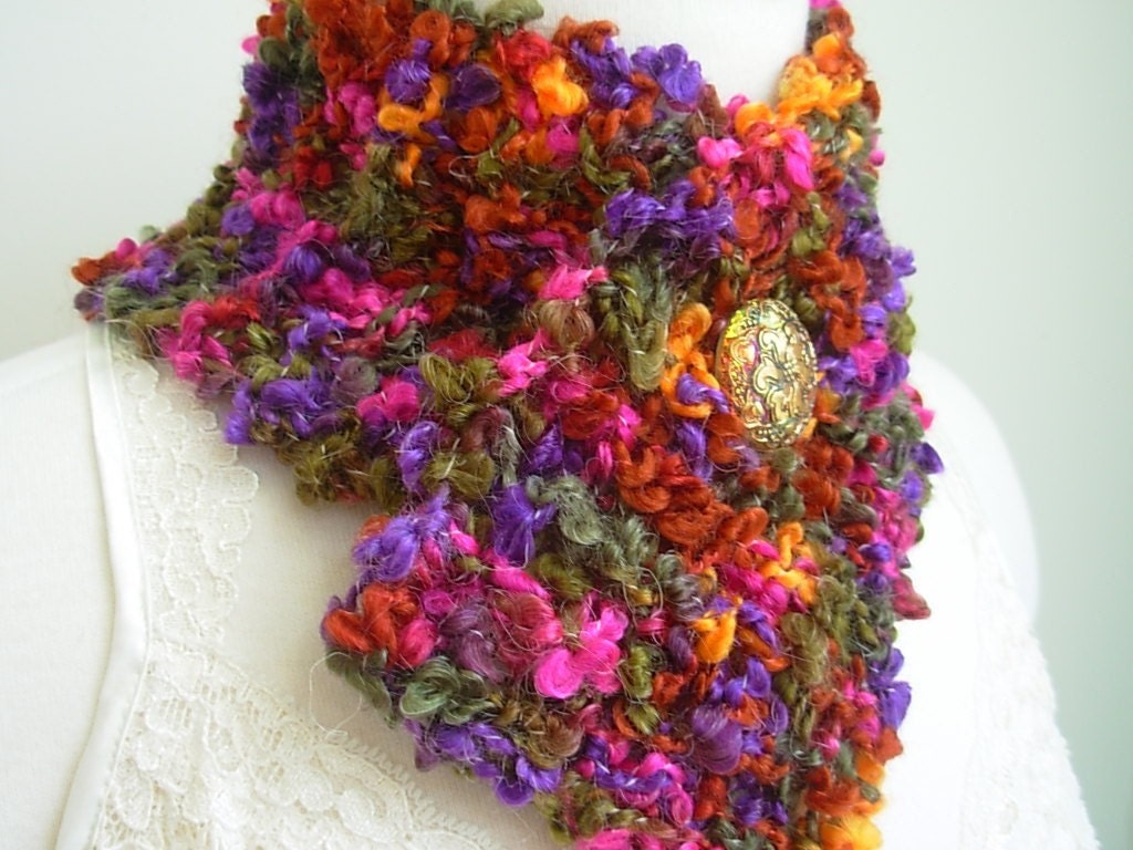 Autumn Berry Neckwarmer Scarf with Vintage Glass Button