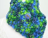 Hand Knit Scarf Lime Blue Neckwarmer Cowl with Vintage Glass Button Great Gift