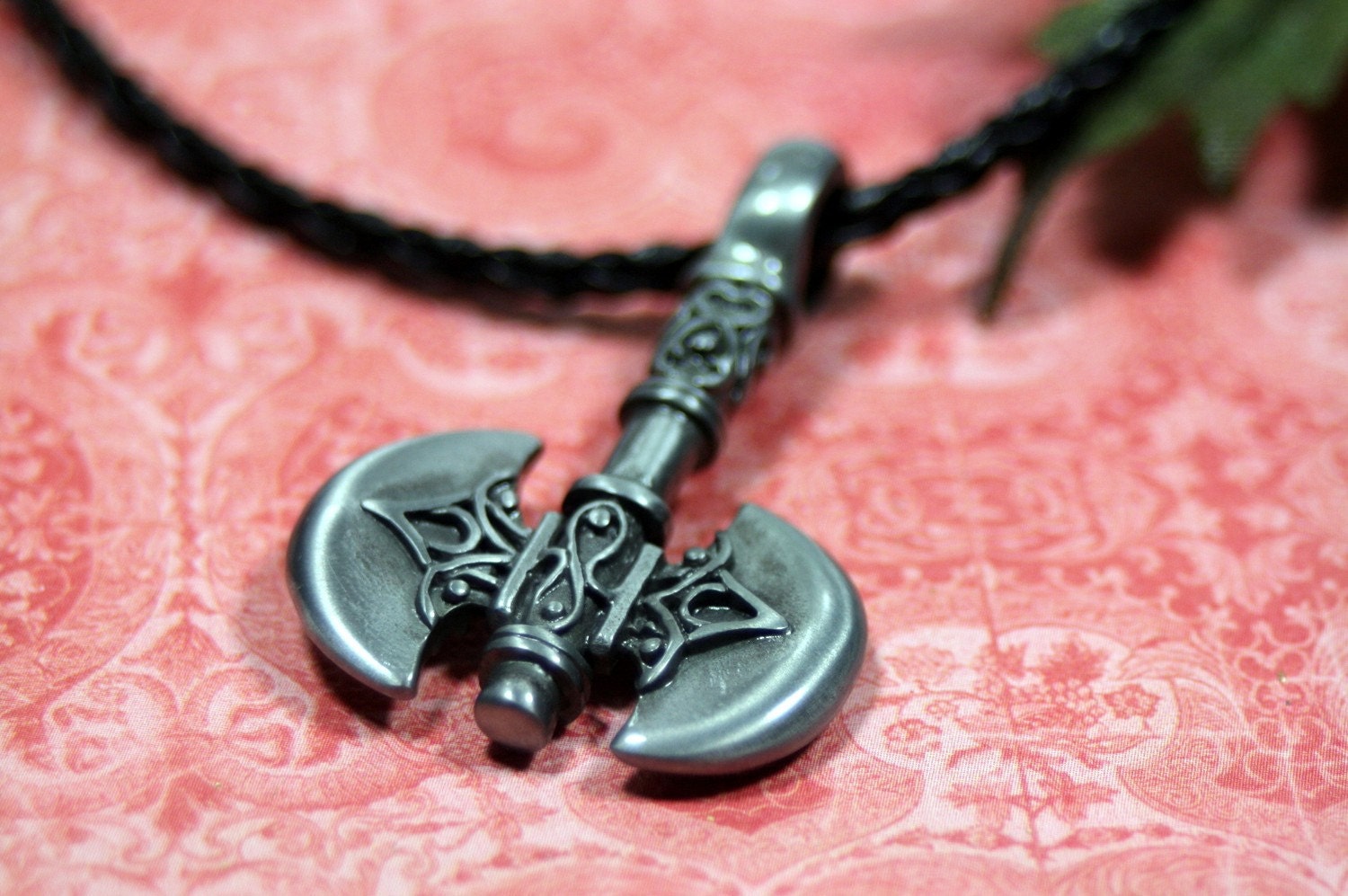 Double Bladed Battle Axe Warrior Pewter Pendant Necklace Braided Black Leather