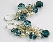 SALE Denim Blue Crystal and Freshwater Pearl Cascade Earrings