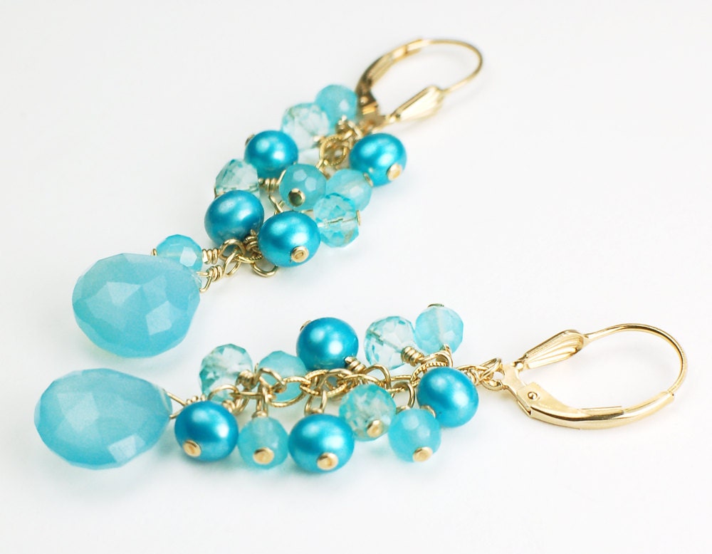 Sky Blue Chalcedony, Blue Topaz and Pearl Cascade Earrings