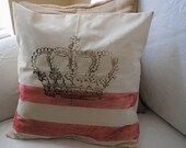 New Tea Stained with Wine Stripes and Gold Royal Crown Shabby Chic Pillow Case 16x16 Buy One Get One Free