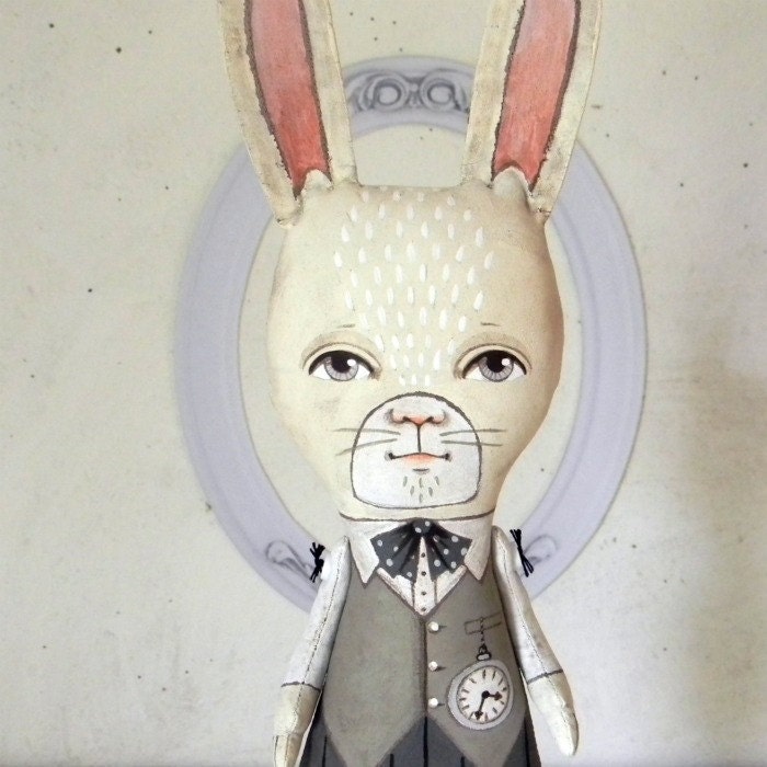 White Rabbit Folk Art Doll Sculpture-- Hand Painted Original-- Made to order within a week