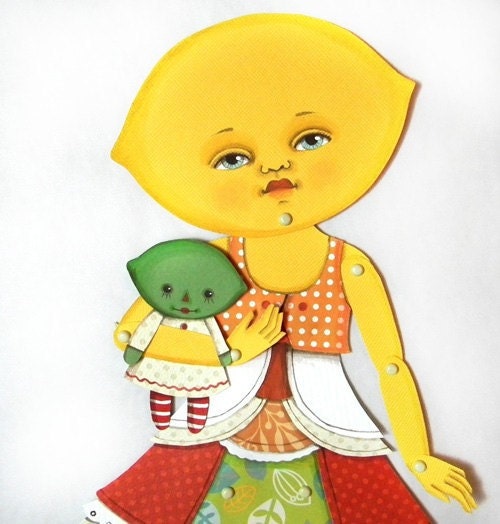Lemon Lime Paperdoll Anthropomorphic Fruit Articulated Original Folk Art DIY Paper Doll Set