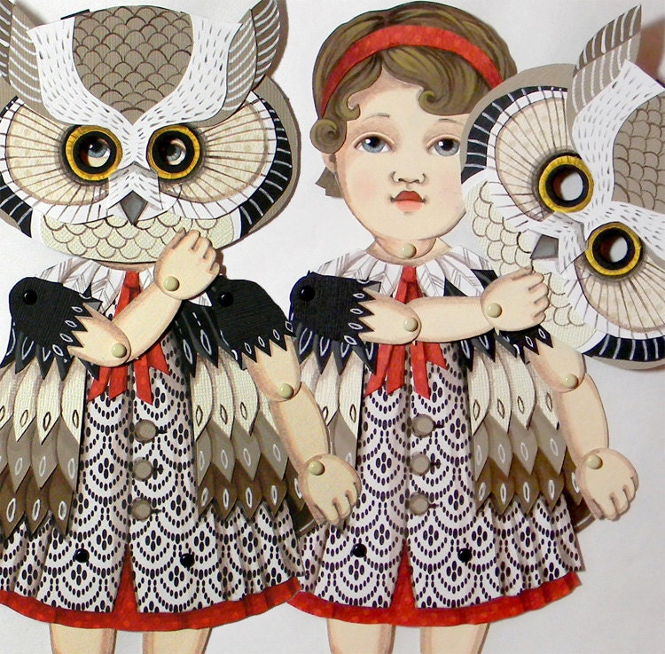 Owl Mask Dolly-- Original Folk Art DIY Articulated Paper Doll Set
