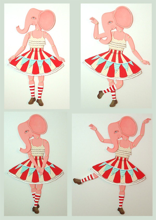 Pink Circus Elephant-- DIY Articulated Paper Doll Set-- Original Contemporary Folk Art