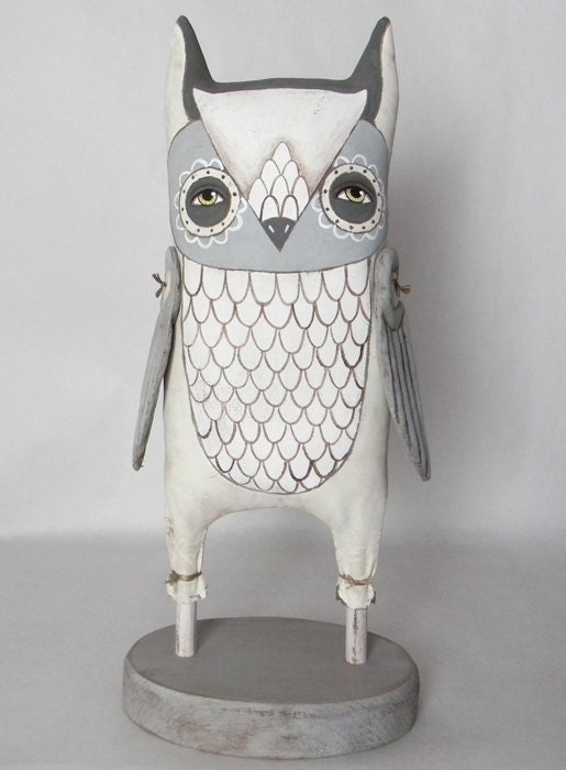 White Owl-- Contemporary Folk Art Doll Sculpture-- Hand Painted Original- Made to Order within a Week