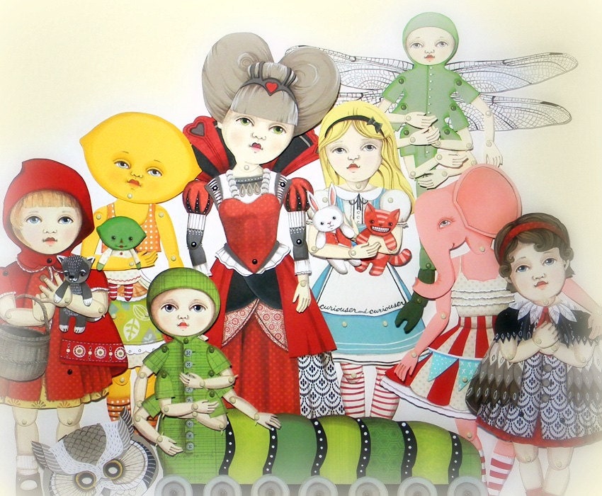Pink Circus Elephant-- DIY Articulated Paper Doll Set-- Original Contemporary Folk Art