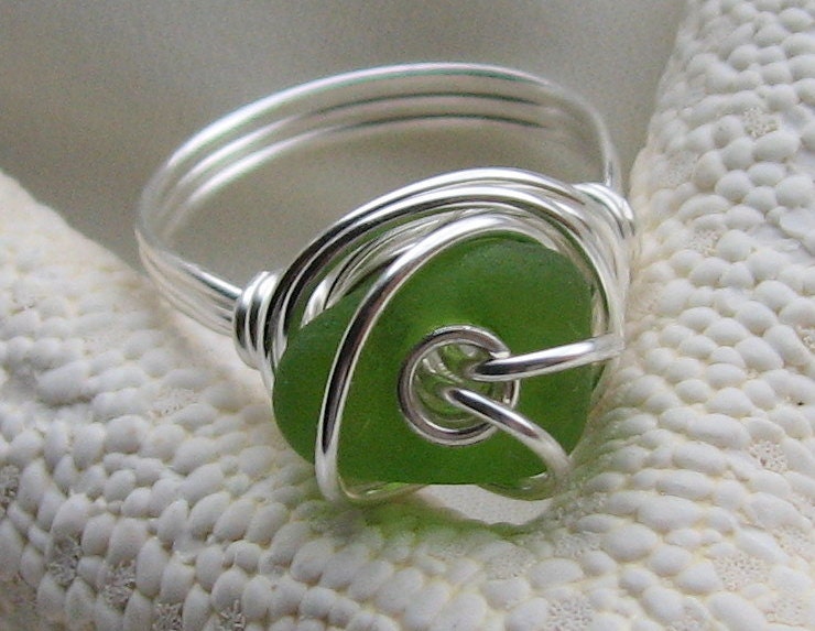 Gree Beach Glass Wire Wrapped Ring Size 6 1/2