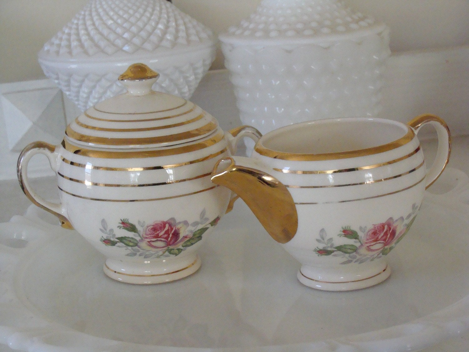 Salem China Mount Vernon Pattern Creamer and Sugar Bowl with lid