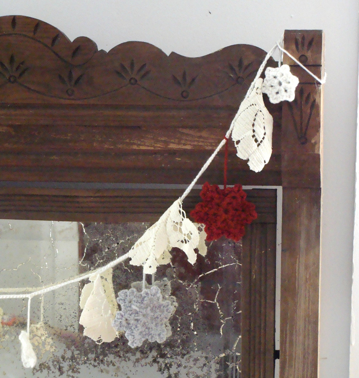 Let It Snow Red White Gray Snowflake Garland Rustic Primitive Holiday Winter Christmas Xmas