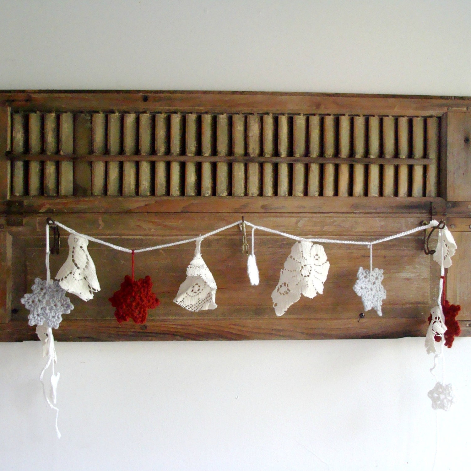 Let It Snow Red White Gray Snowflake Garland Rustic Primitive Holiday Winter Christmas Xmas
