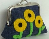 Coin Purse Wallet Change Purse Metal Framed Small Clutch - Yellow Sunflowers Applique