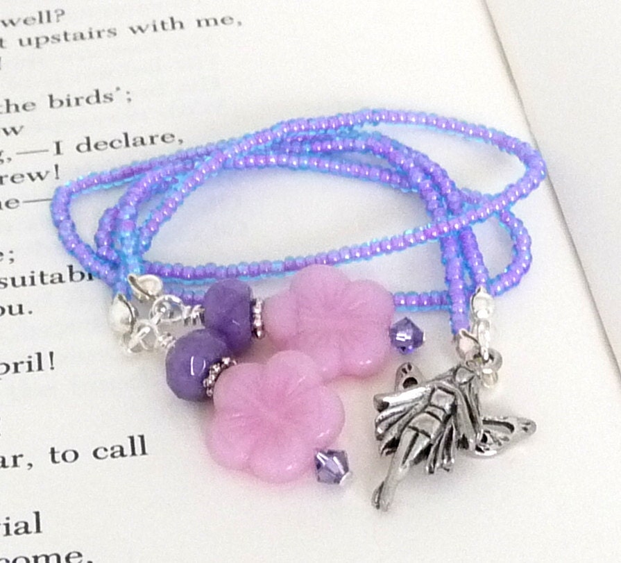 Beaded Bookmark Book Thong Book Mark Fairy Charm Purple and Pink - Clearance Sale