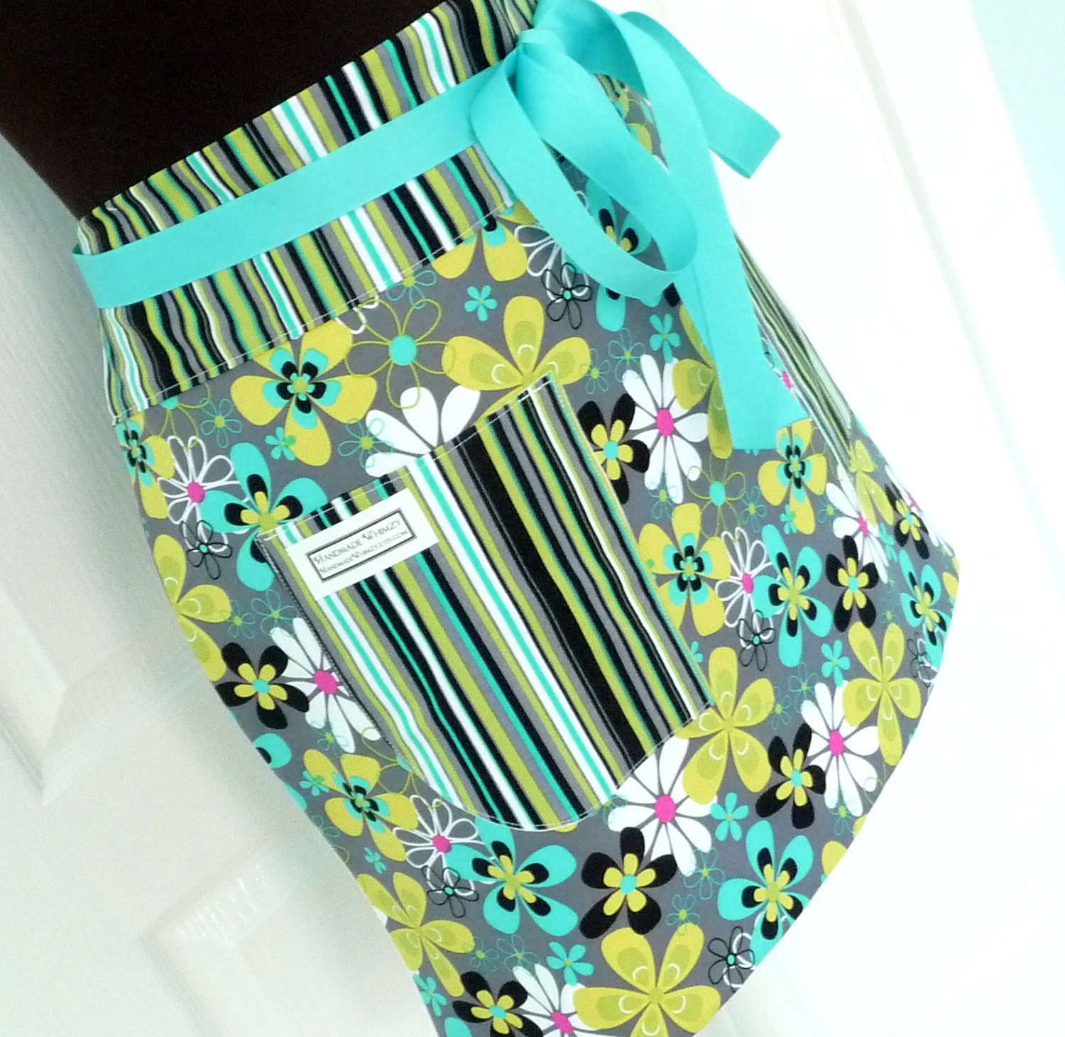 Womens Half Apron Adult Chef Hostess Party Kitchen Michael Miller Fabrics - Stripes and Flowers Gray and Turquoise