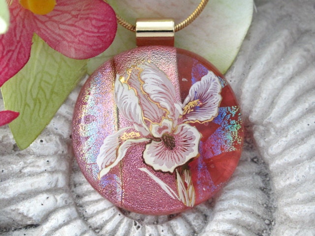 Pink  Iris Necklace - Dichroic Glass Jewelry - Fused Glass Jewelry - Flower Necklace - Iris Necklace041913p120and Necklace 060711p102