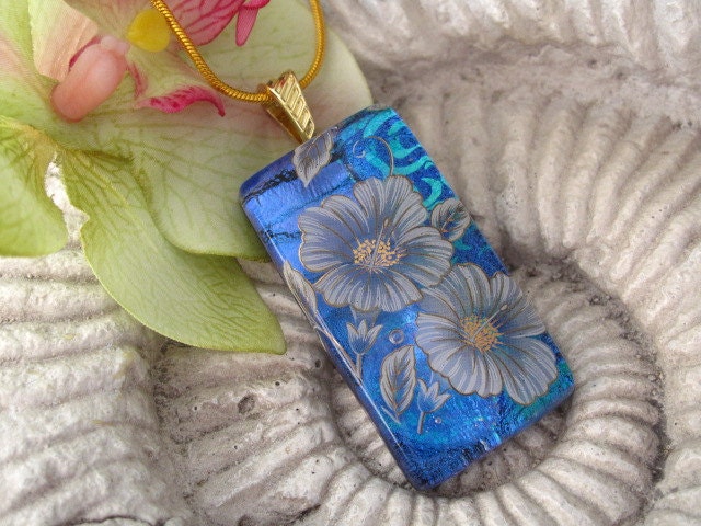 Fused Dichroic Glass Jewelry - Hibiscus - Dichroic Glass Pendant & Necklace -Blue - Flowere 031113p100