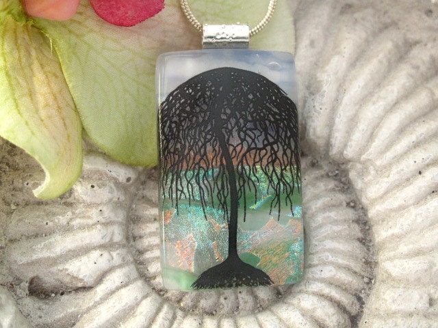 Tree Pendnt Necklace - Dichroic pendant - Dichroic Fused Glass Jewelry -  Umbrella Tree - Pendant - 060212p102
