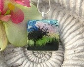 Tree Bird Pendant Necklace - Dichroic Fused Glass Jewelry -  Sunset Tree - Birds- Pendant - Dichroic Glass 062512p103