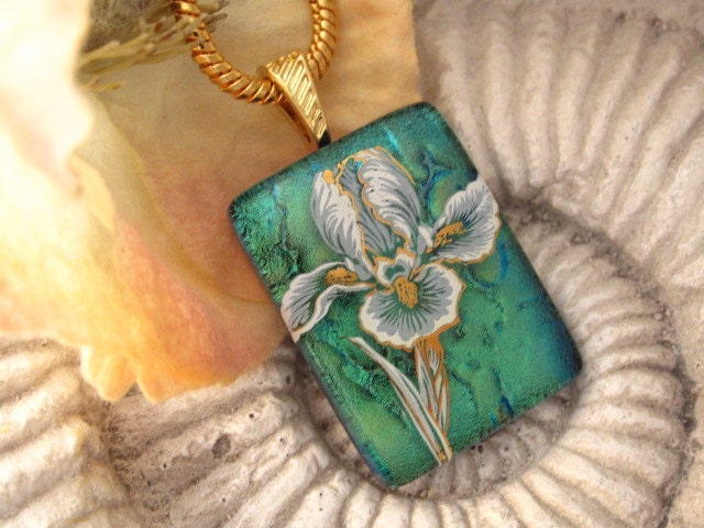 Sage Green Iris - Dichroic Fused Glass Jewelry - Fused Glass Necklace - Dichroic Fused Glass Pendant & Necklace 010212p116