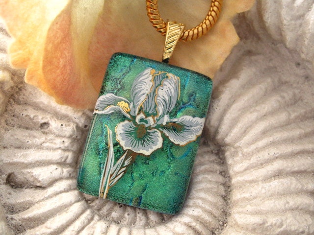 Sage Green Iris - Dichroic Fused Glass Jewelry - Fused Glass Necklace - Dichroic Fused Glass Pendant & Necklace 010212p116