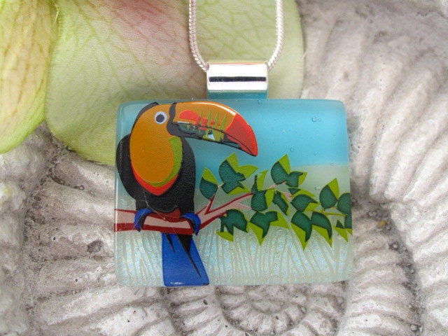 Dichroic Glass Pendant - Toucan-  Dichroic Fused Glass Jewelry - Dichroic Pendant and Necklace 060712p101