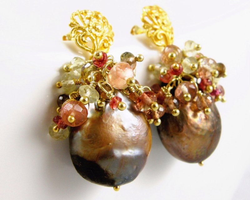ON SALE - Baroque pearl and gemstone cluster Earrings - Isabella
