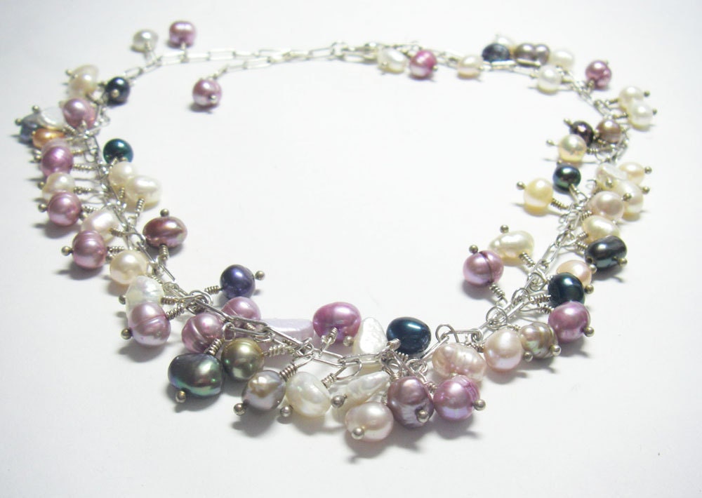 Lovely Multi Colored Pearls, Silver Necklace